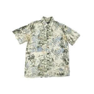 Silk Icon Shirt Mens Small Beige Silk Tropical Sailboat Palm Tree Button Up